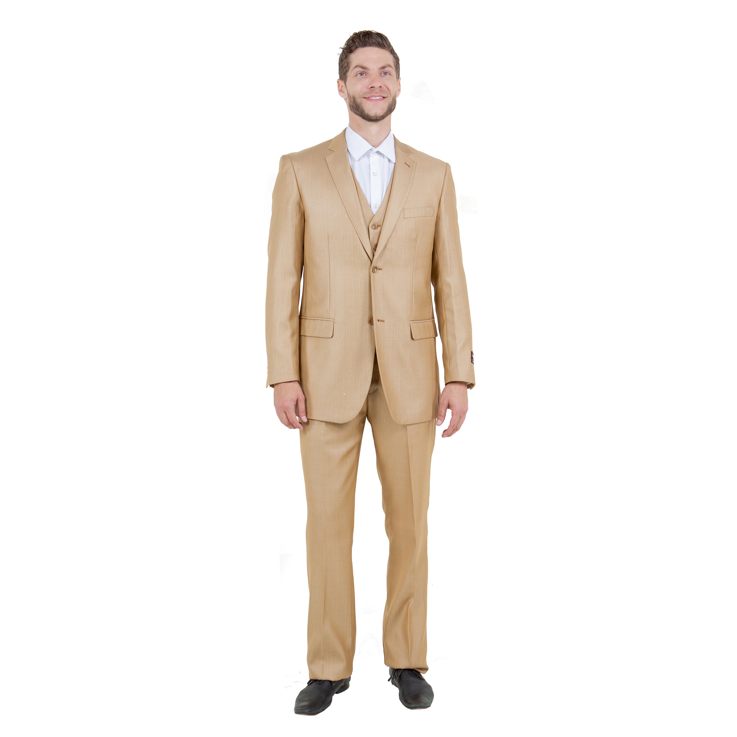 Lt. Beige Solid Shiny Sharkskin 3-PC Regular Modern Fit Suits