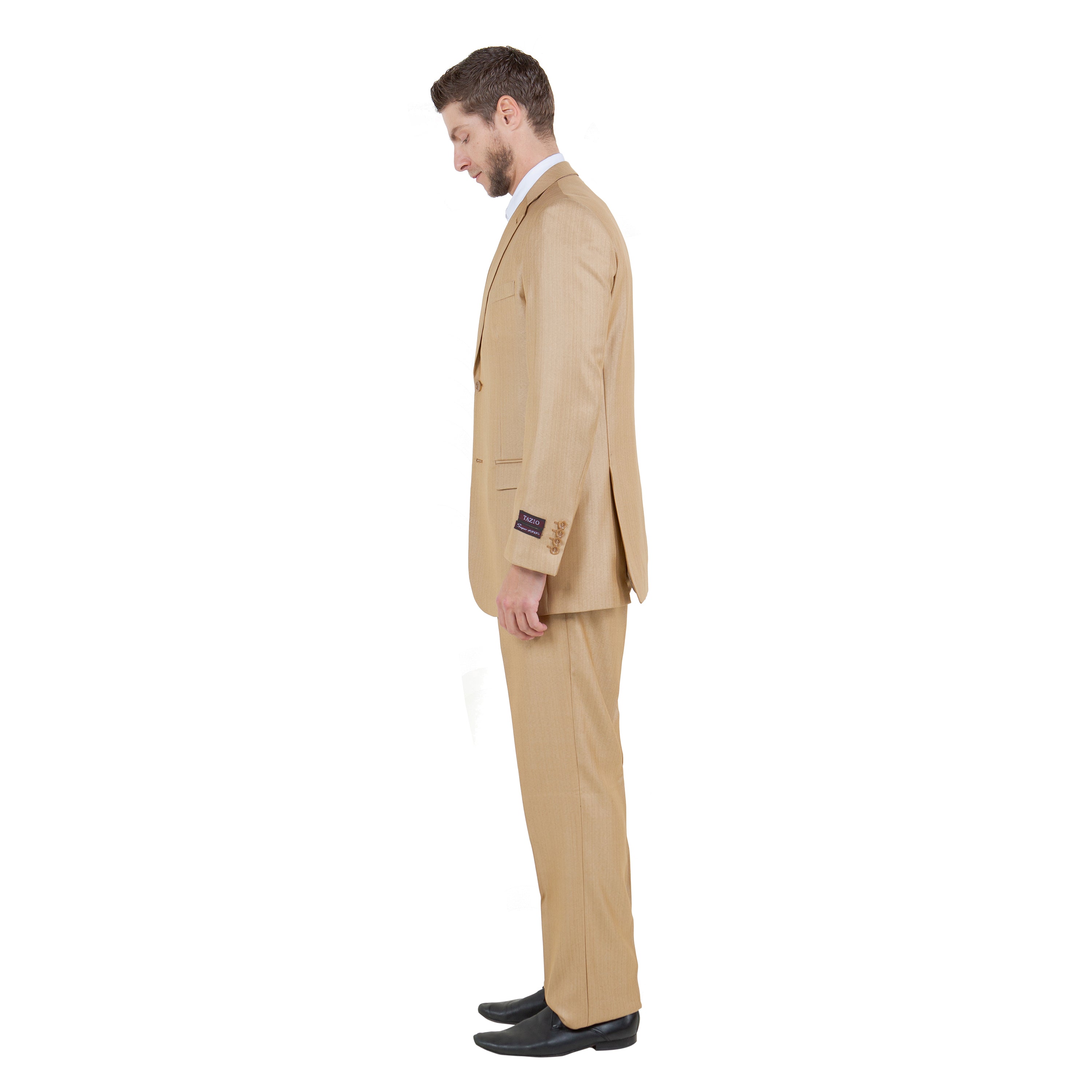 Lt. Beige Solid Shiny Sharkskin 3-PC Regular Modern Fit Suits