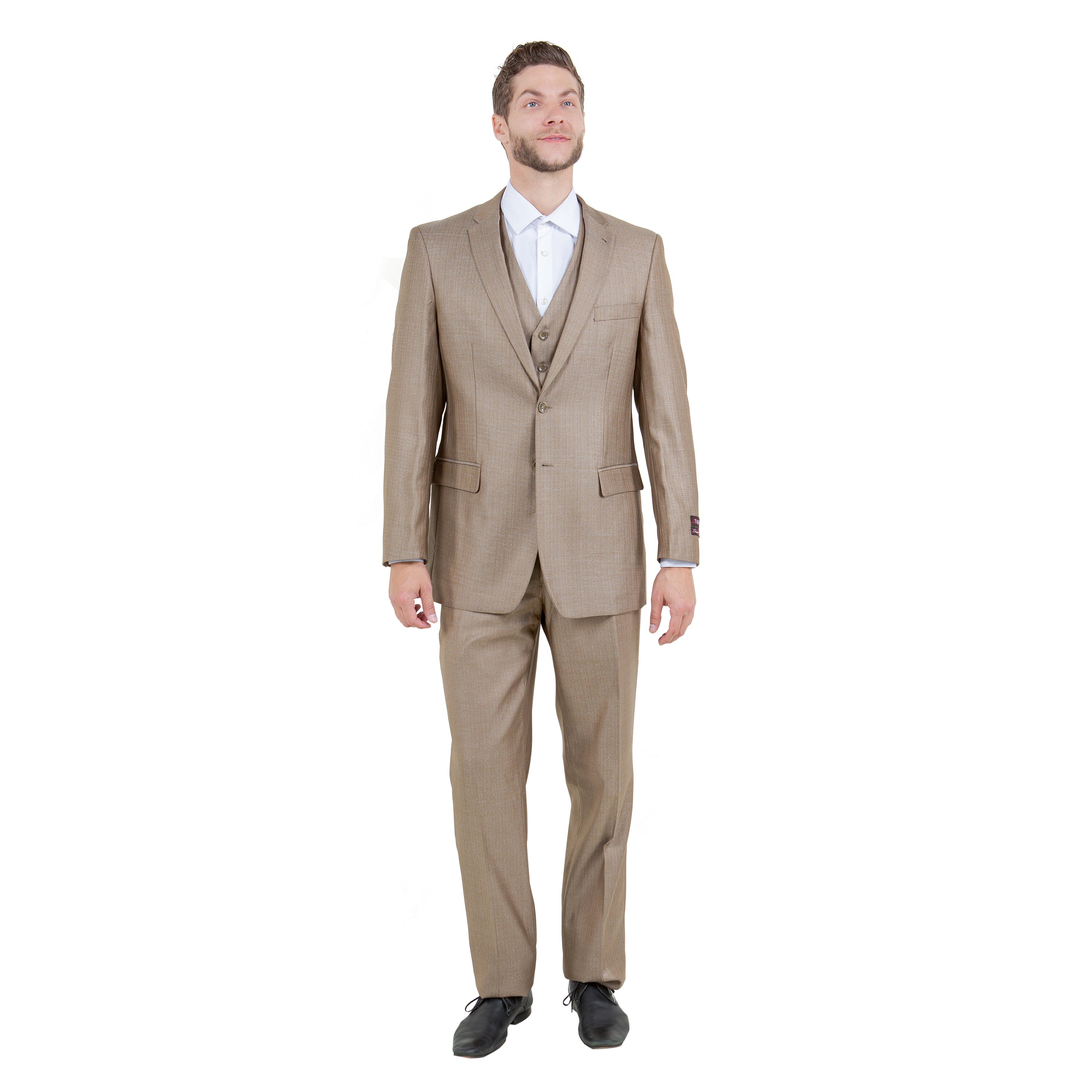 Dk Tan Solid Shiny Sharkskin 3-PC Regular Modern Fit Suits