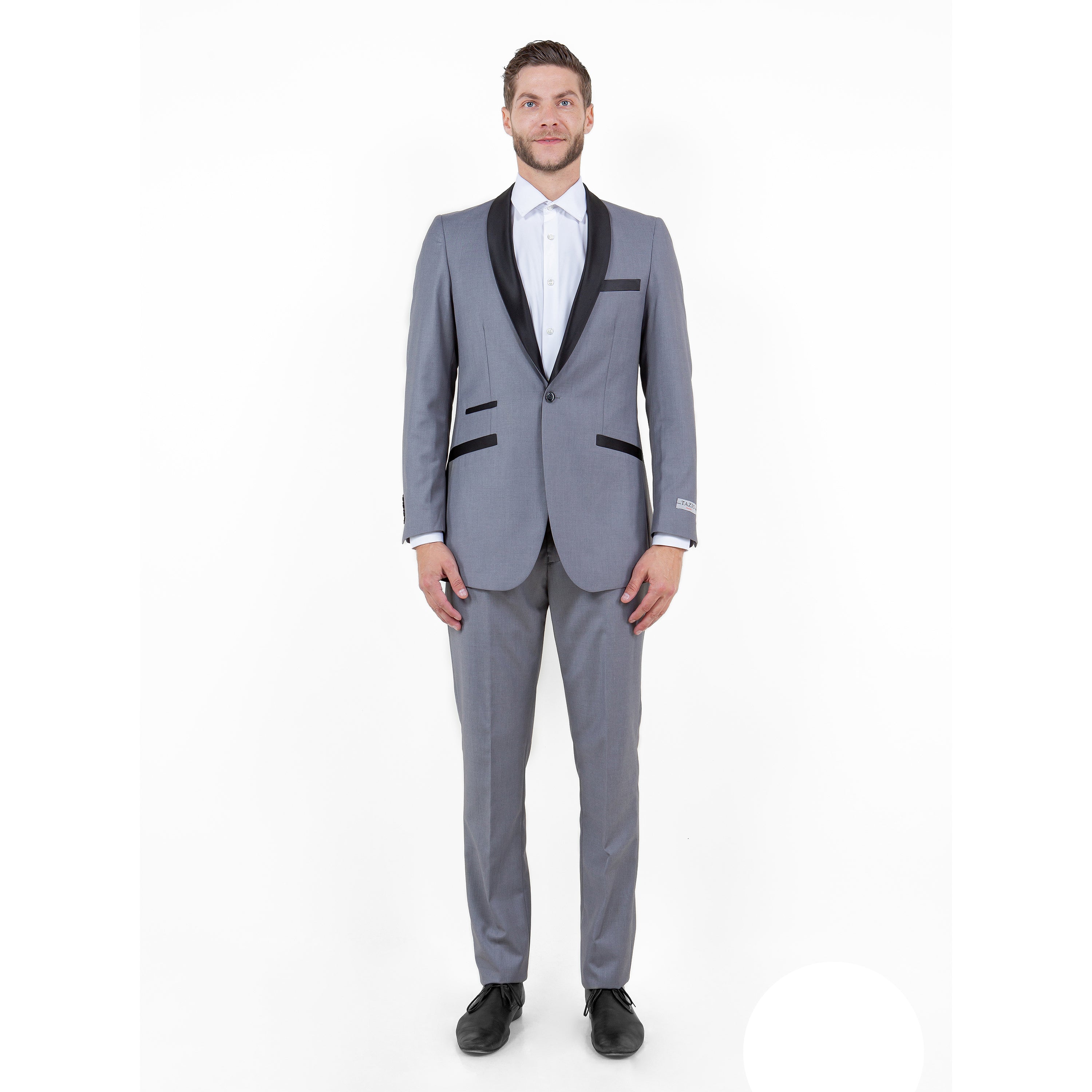 Gray / Black Solid with Black Shawl Collar Trim 2-PC Slim Fit Suits