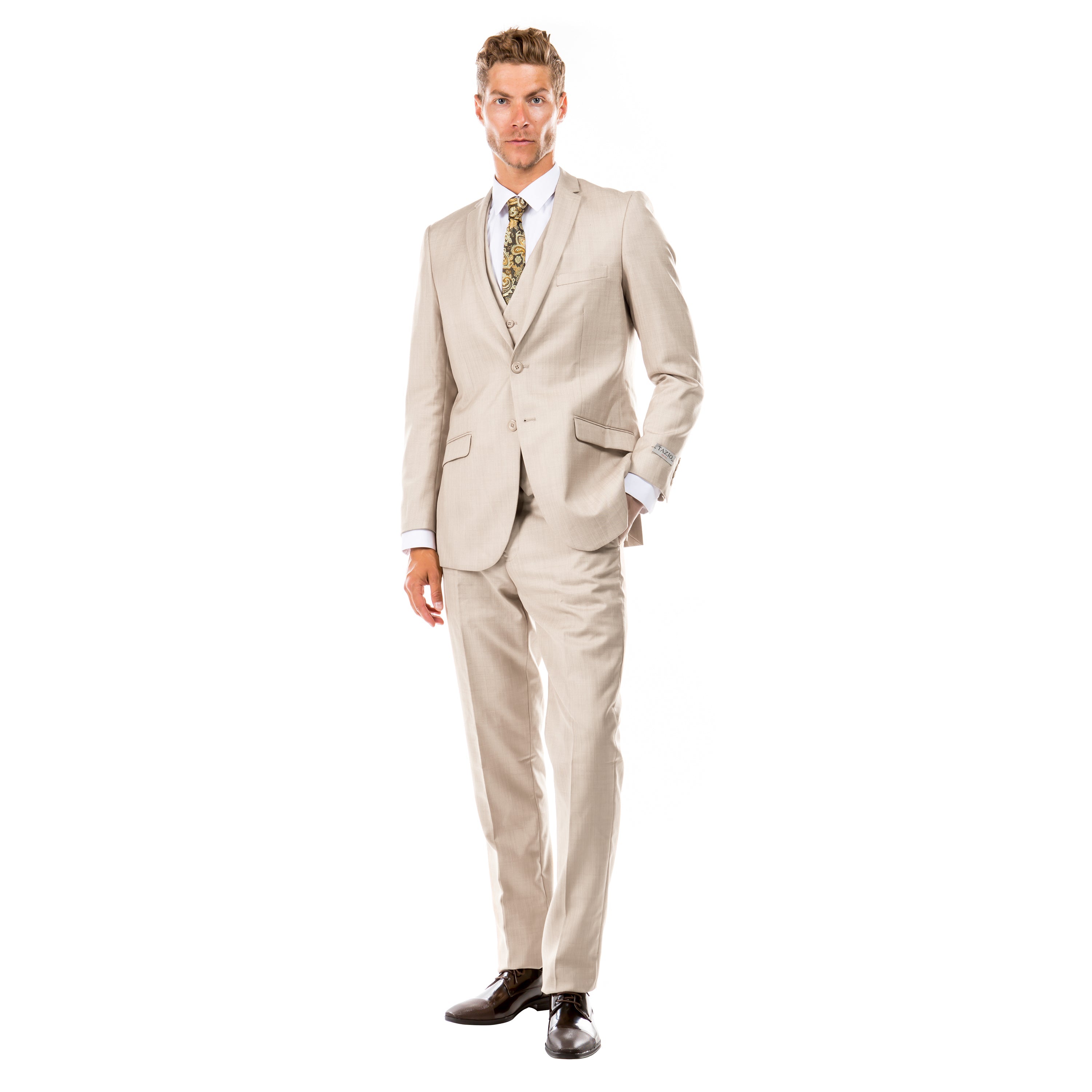 Tan Men's Slim-Fit 3-Piece Sharkskin Suit