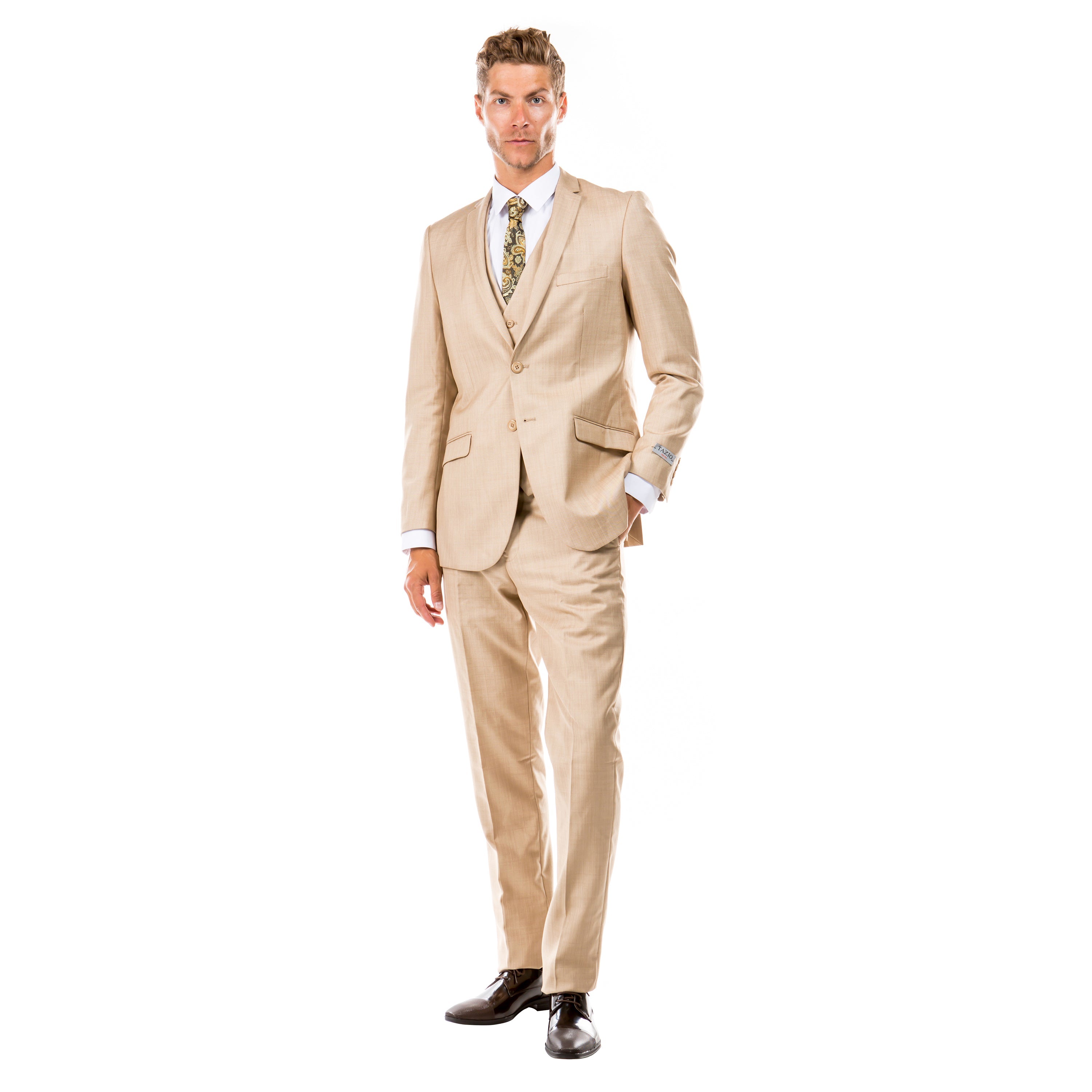 Dark Tan Men's Slim-Fit 3-Piece Sharkskin Suit