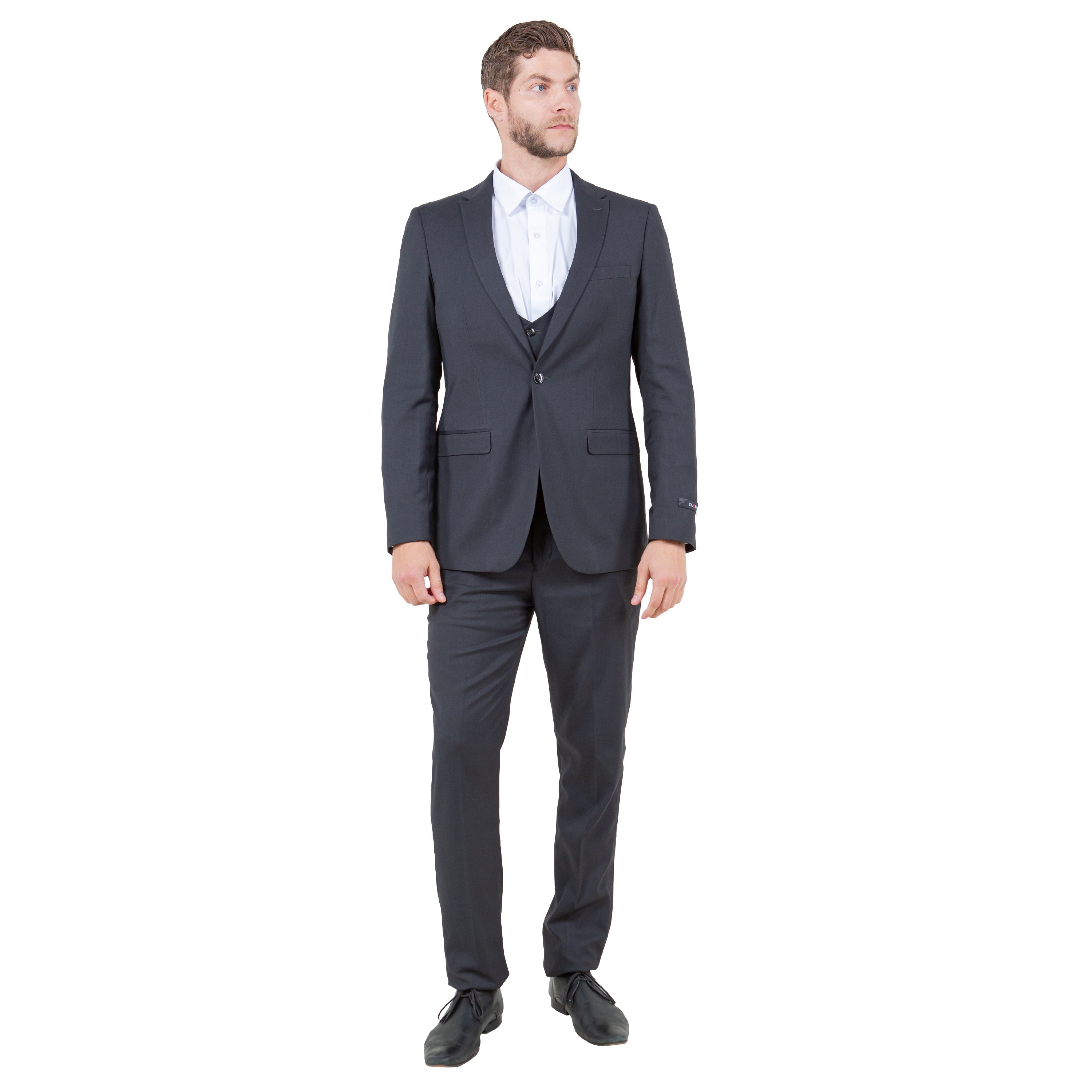 Dark Grey Men's Ultra Slim-Fit 3pc Suit w/ Expandable Waistband