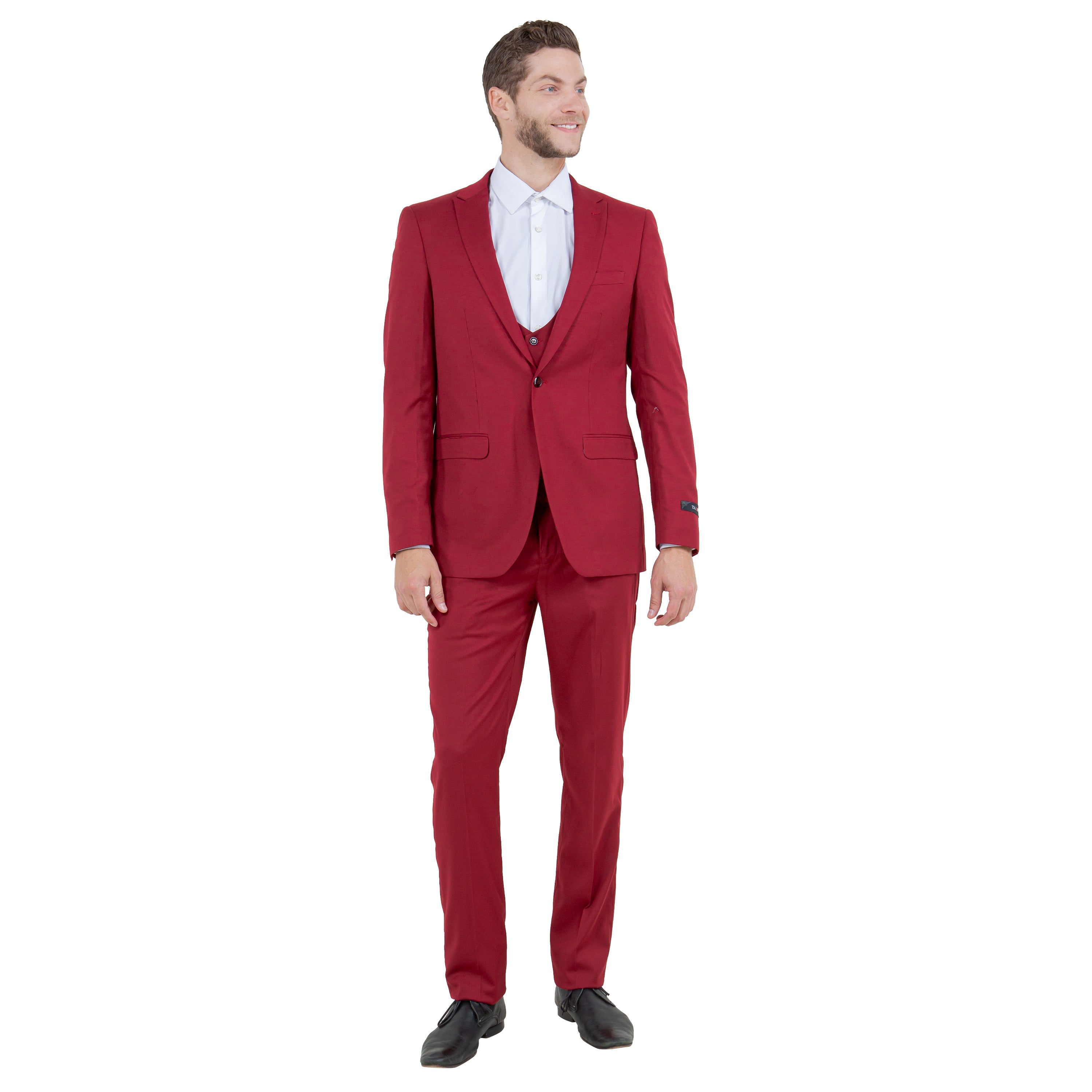 Cherry Red Men's Ultra Slim-Fit 3pc Suit w/ Expandable Waistband