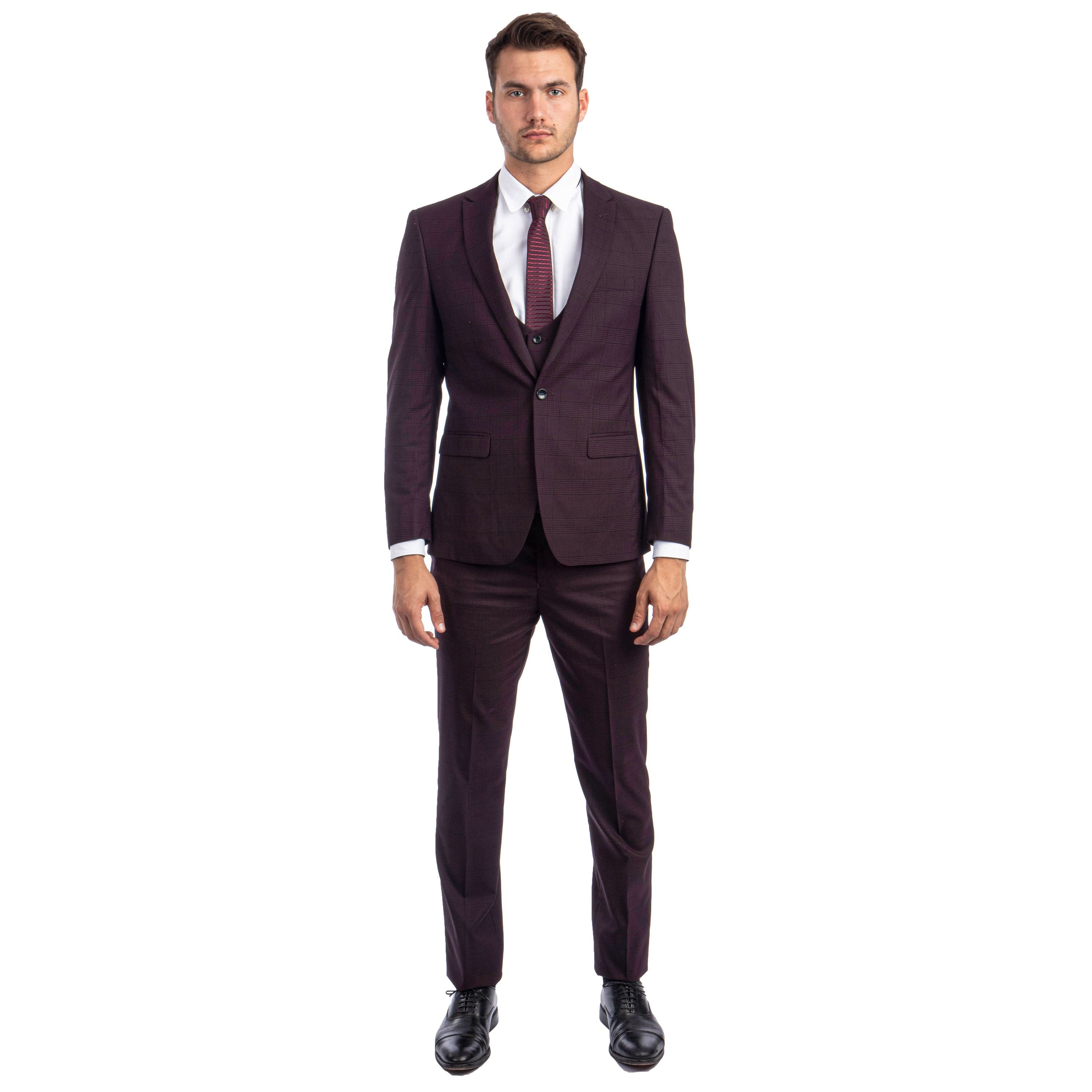 Burgundy Men's Ultra Slim-Fit 3-Piece Glen Check Suit