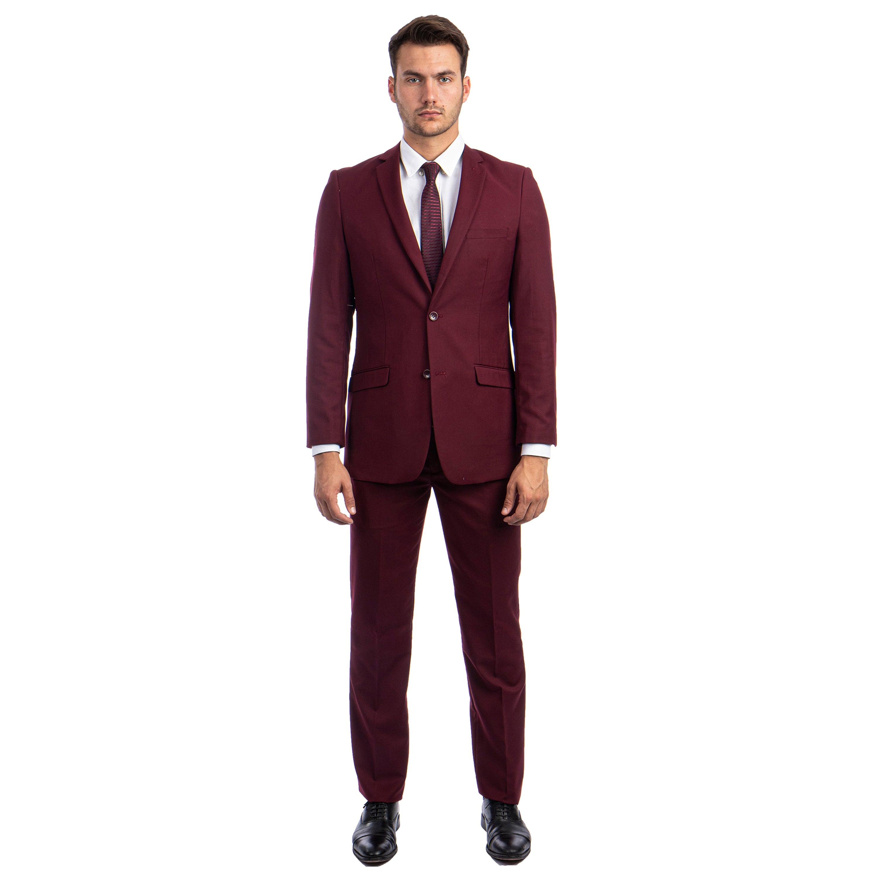 Burgundy Men's Hybrid-Fit 3pc Paisley Suit w/ Wide Black Shawl Collar