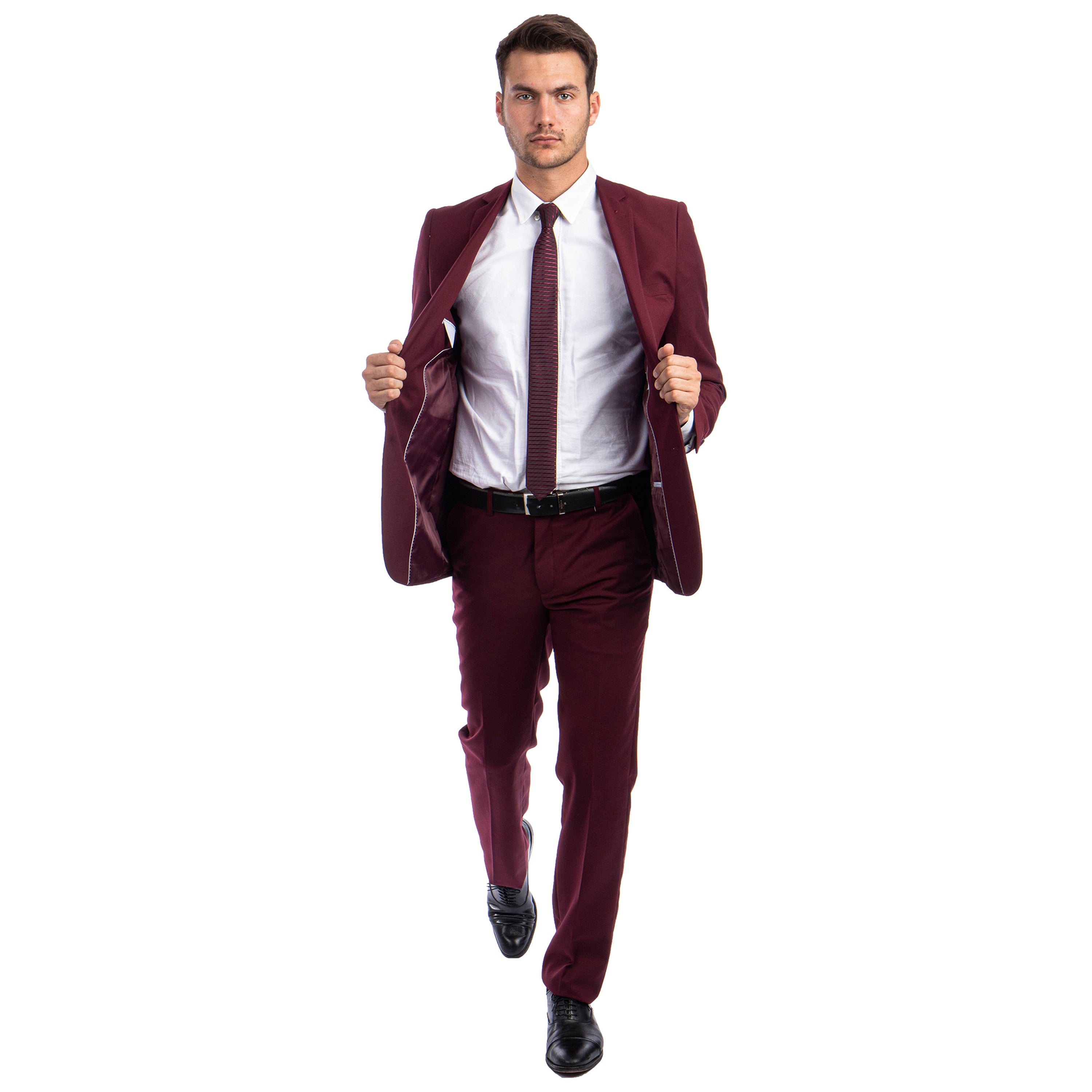 Burgundy Men's Hybrid-Fit 3pc Paisley Suit w/ Wide Black Shawl Collar