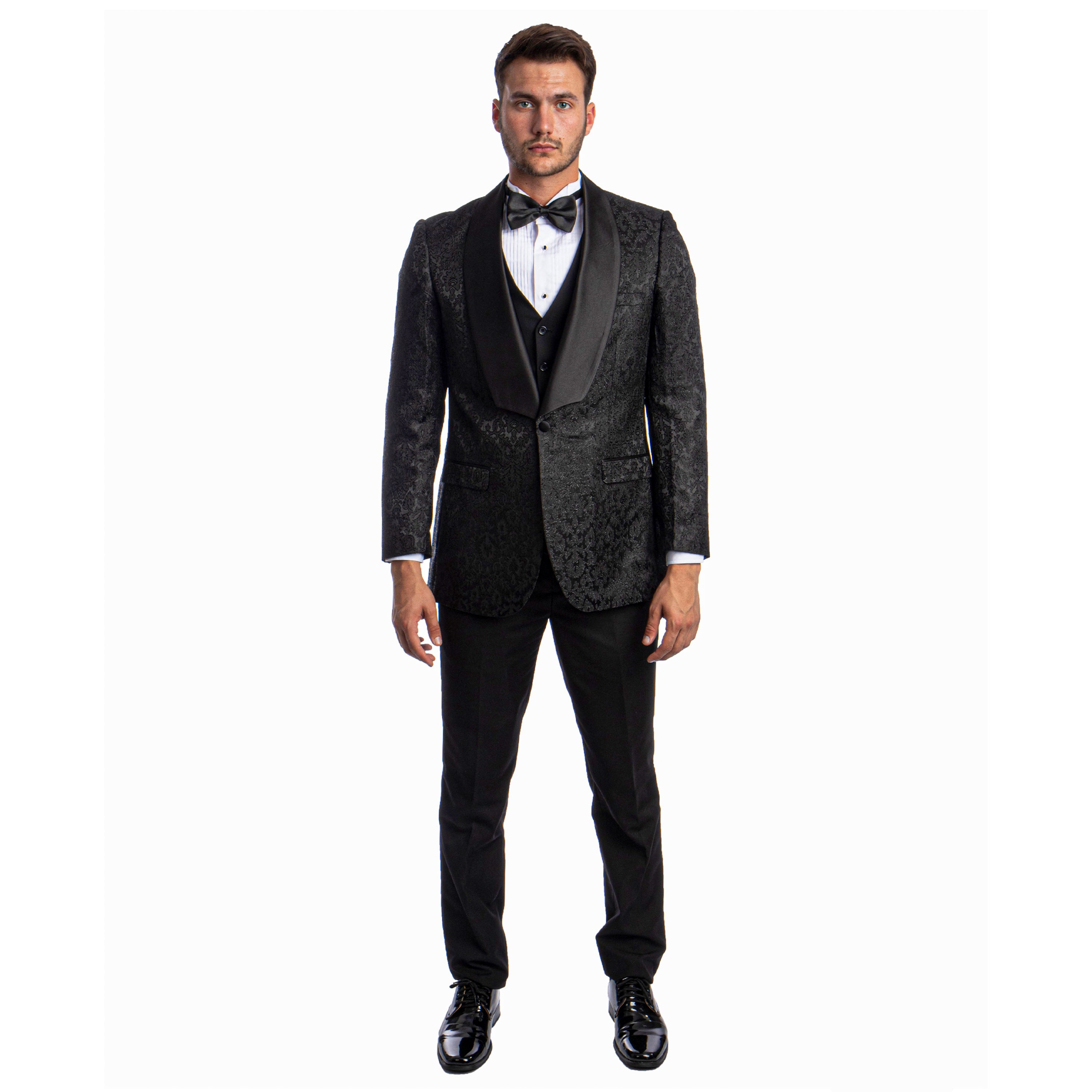 Black Men's Hybrid-Fit 3pc Paisley Suit w/ Wide Black Shawl Collar