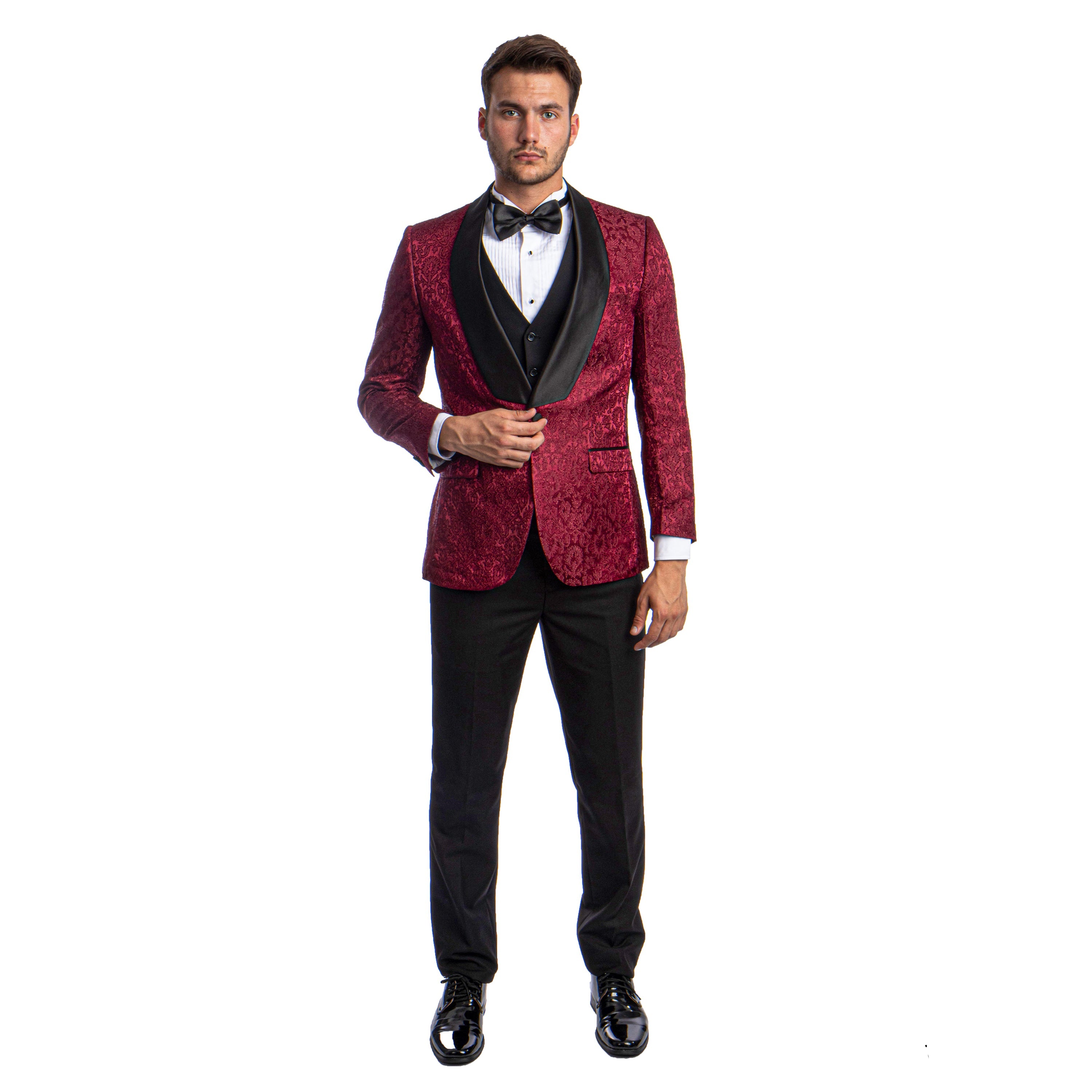 Burgundy Men's Hybrid-Fit 3pc Paisley Suit w/ Wide Black Shawl Collar