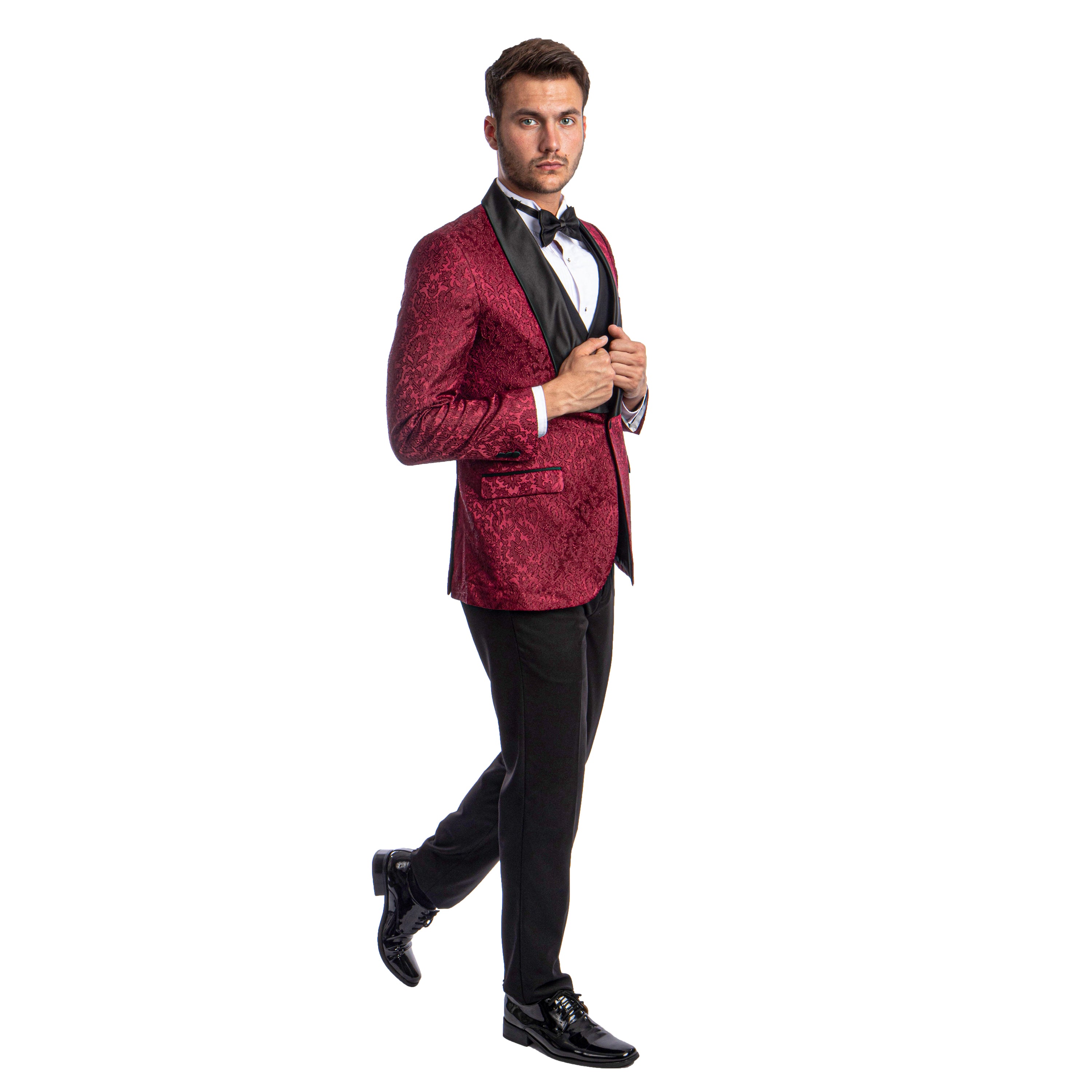 Burgundy Men's Hybrid-Fit 3pc Paisley Suit w/ Wide Black Shawl Collar