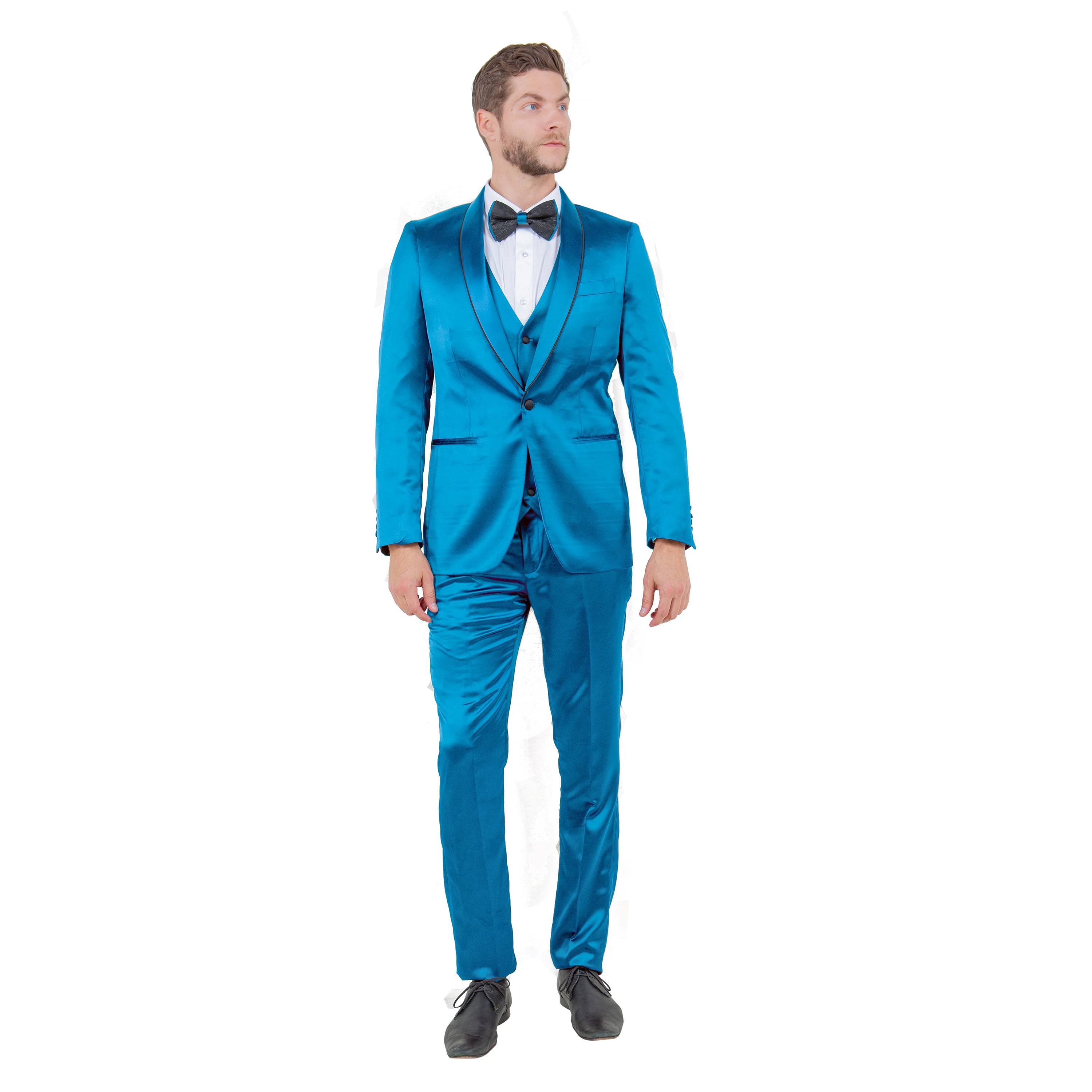 Mens 3pc Solid Satin Suit Set w/ Free Bowtie