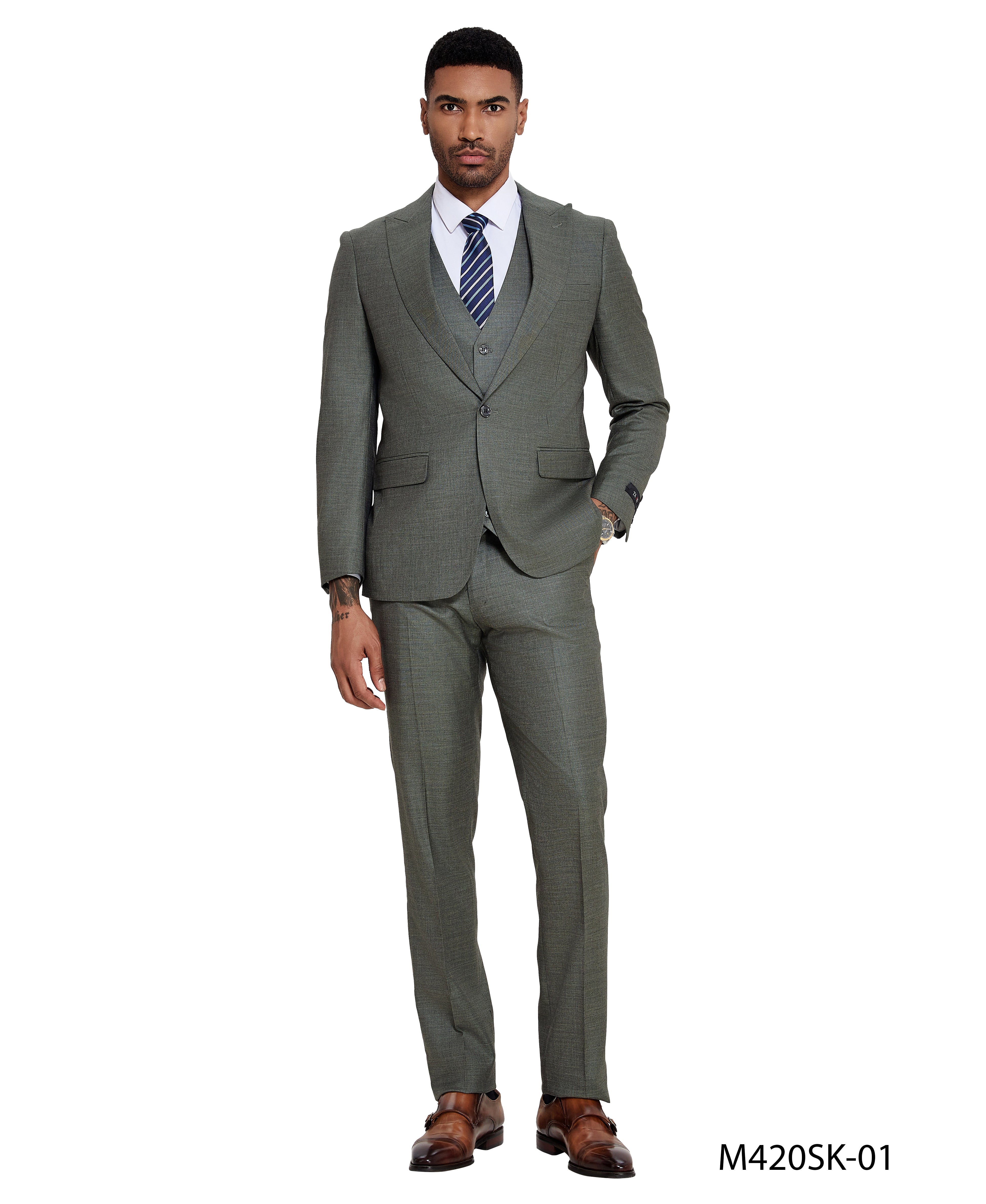 3 PC Solid Textured Peak Lapel Suit